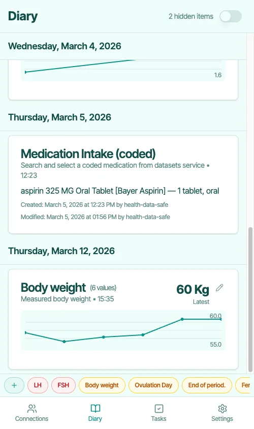 Patient App — Diary view